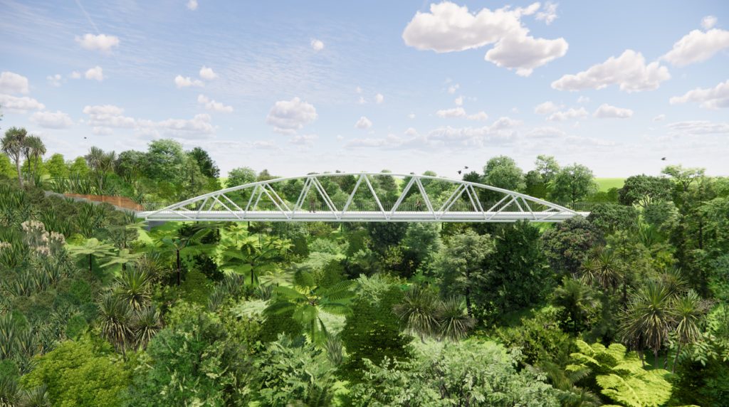 Conceptual visualisation of a shared path for pedestrians and cyclists on top of gully bridge crossing as part of the wastewater pipe network in Peacocke.